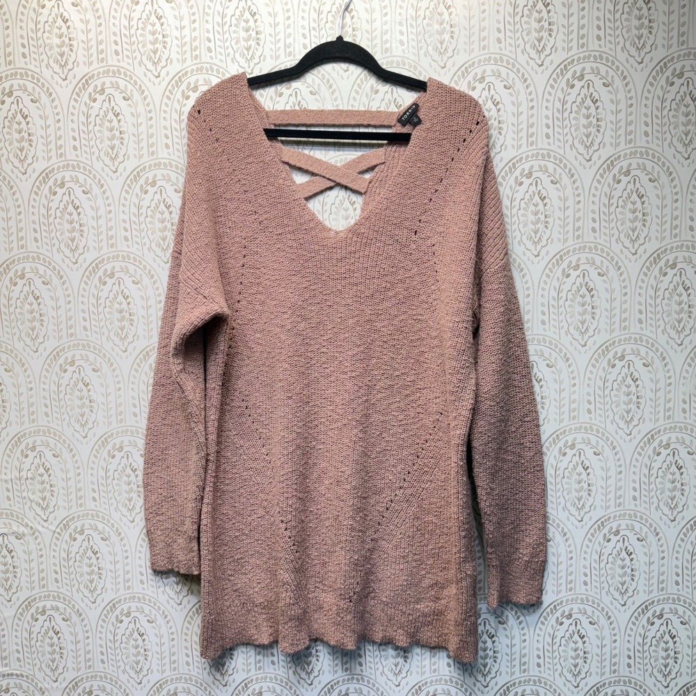 Torrid Sweater Womens 2 Pink Lattice Back V-Neck Tunic Shaker Knit Cotton Blend - Picture 1 of 6